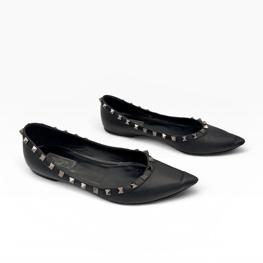 Valentino‎ Garavani Rockstud Noir Flats 38 Box Black Leather Pointed Ballet Auth